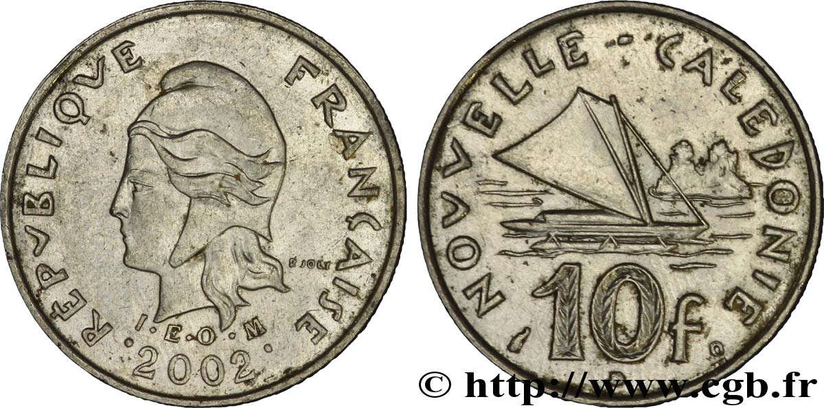 NEUKALEDONIEN 10 Francs I.E.O.M. Marianne / paysage maritime néo-calédonien avec pirogue à voile  2002 Paris fVZ 