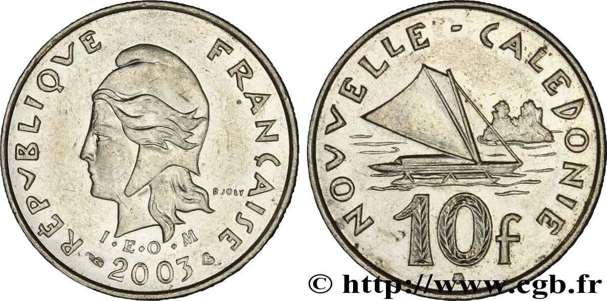 NUEVA CALEDONIA 10 Francs I.E.O.M. Marianne / paysage maritime néo-calédonien avec pirogue à voile  2003 Paris MBC+ 