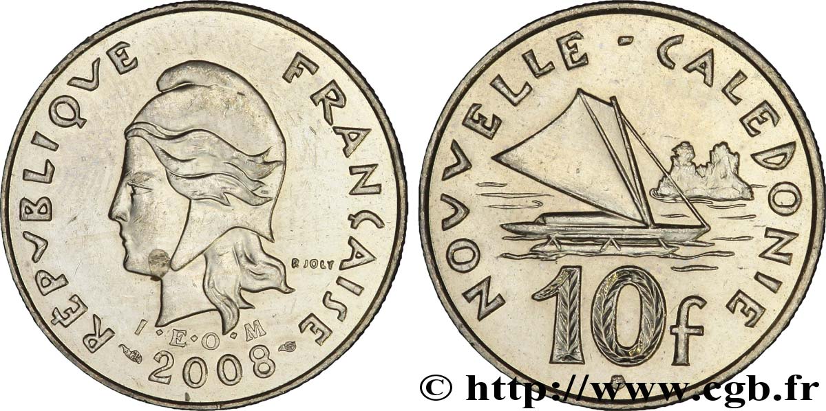 NOUVELLE CALÉDONIE 10 Francs I.E.O.M. Marianne / paysage maritime néo-calédonien avec pirogue à voile  2008 Paris SUP 