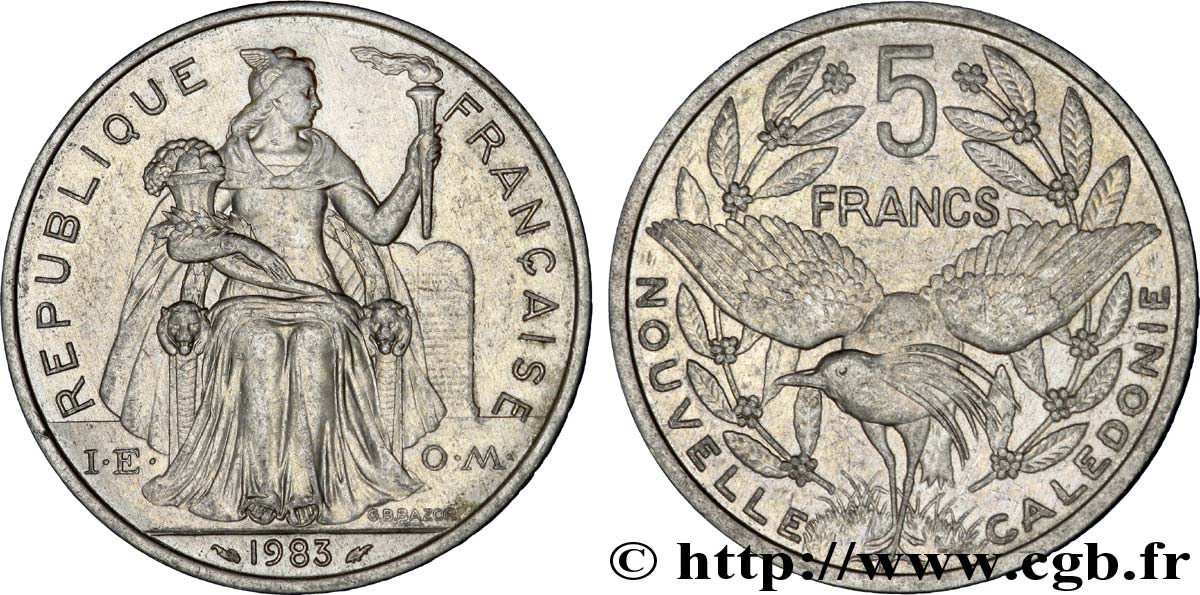 NUEVA CALEDONIA 5 Francs I.E.O.M. représentation allégorique de Minerve / Kagu, oiseau de Nouvelle-Calédonie 1983 Paris EBC 