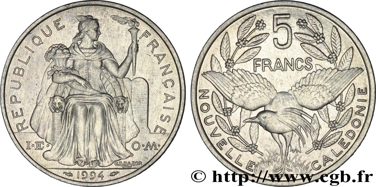 NOUVELLE CALÉDONIE 5 Francs I.E.O.M. représentation allégorique de Minerve / Kagu, oiseau de Nouvelle-Calédonie 1994 Paris TTB+ 