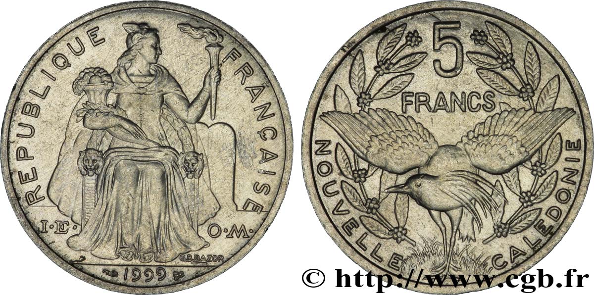 NUOVA CALEDONIA 5 Francs I.E.O.M. représentation allégorique de Minerve / Kagu, oiseau de Nouvelle-Calédonie 1999 Paris MS 