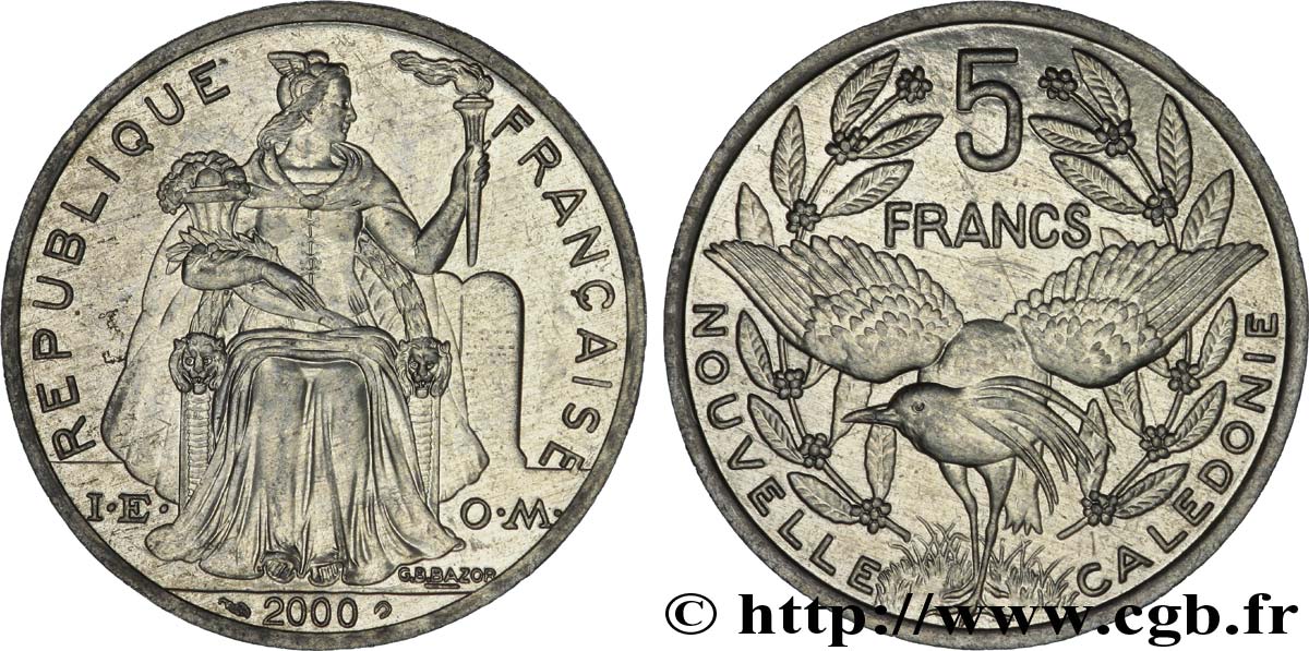 NUEVA CALEDONIA 5 Francs I.E.O.M. représentation allégorique de Minerve / Kagu, oiseau de Nouvelle-Calédonie 2000 Paris SC 