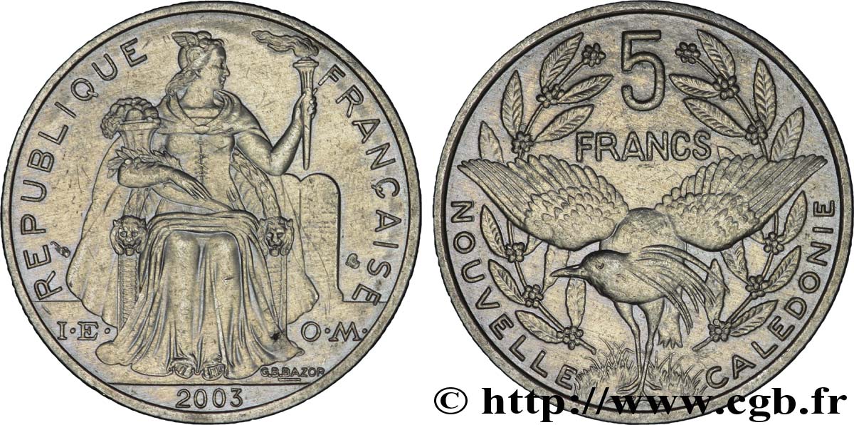 NOUVELLE CALÉDONIE 5 Francs I.E.O.M. représentation allégorique de Minerve / Kagu, oiseau de Nouvelle-Calédonie 2003 Paris SUP 