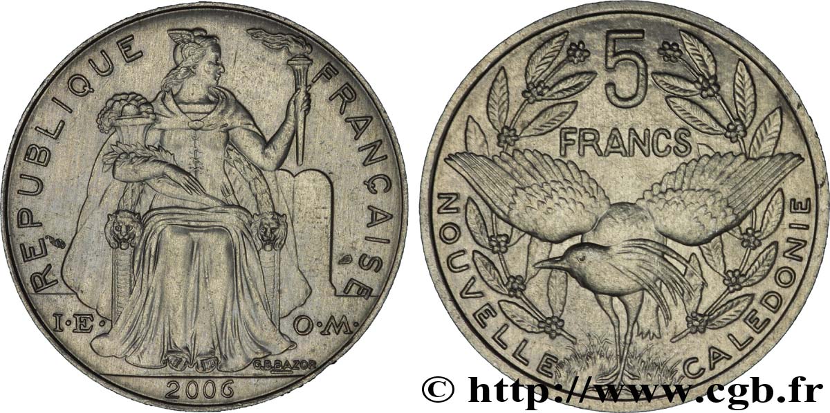NUEVA CALEDONIA 5 Francs I.E.O.M. représentation allégorique de Minerve / Kagu, oiseau de Nouvelle-Calédonie 2006 Paris EBC 