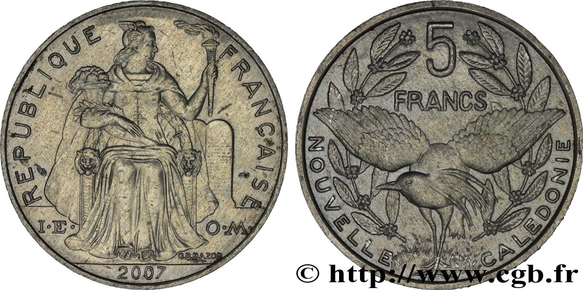 NOUVELLE CALÉDONIE 5 Francs I.E.O.M. représentation allégorique de Minerve / Kagu, oiseau de Nouvelle-Calédonie 2007 Paris SUP 