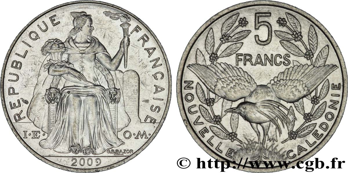 NUEVA CALEDONIA 5 Francs I.E.O.M. représentation allégorique de Minerve / Kagu, oiseau de Nouvelle-Calédonie 2009 Paris EBC 