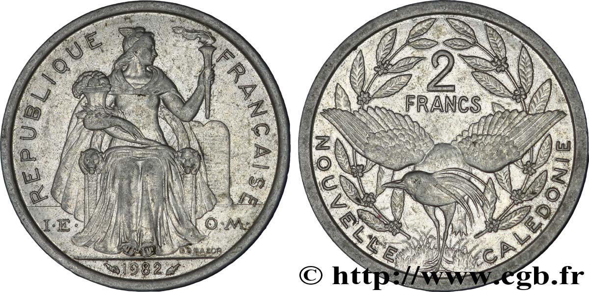 NOUVELLE CALÉDONIE 2 Francs I.E.O.M. représentation allégorique de Minerve / Kagu, oiseau de Nouvelle-Calédonie 1982 Paris SUP 