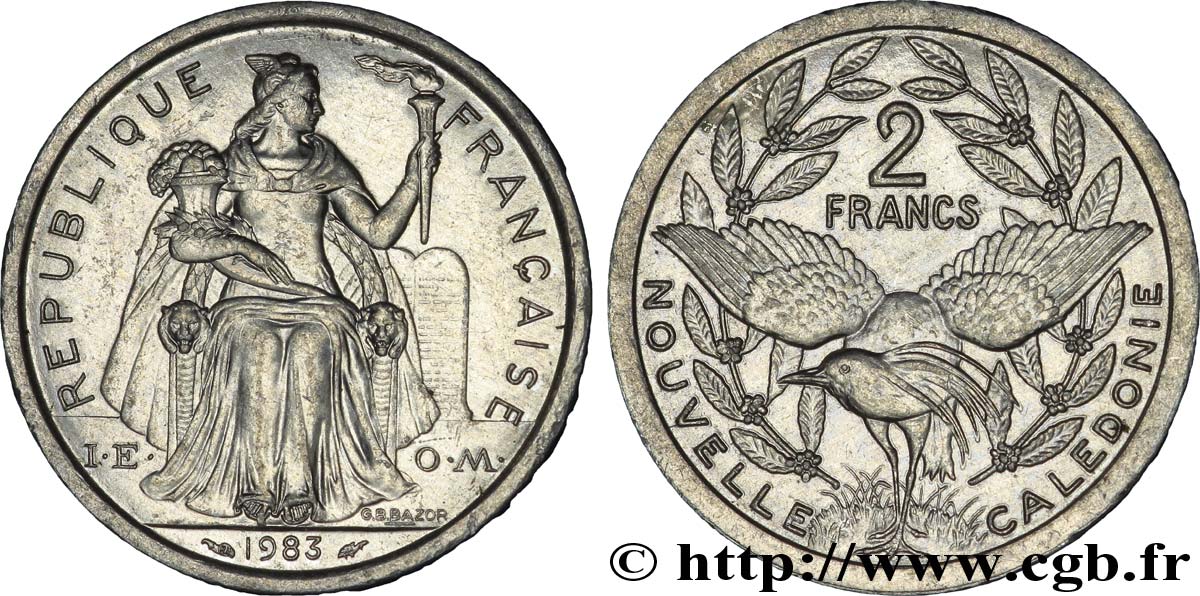 NEW CALEDONIA 2 Francs I.E.O.M. représentation allégorique de Minerve / Kagu, oiseau de Nouvelle-Calédonie 1983 Paris AU 