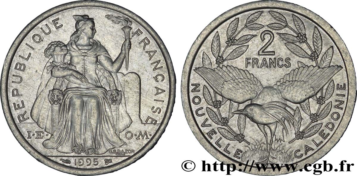 NOUVELLE CALÉDONIE 2 Francs I.E.O.M. représentation allégorique de Minerve / Kagu, oiseau de Nouvelle-Calédonie 1995 Paris SUP 