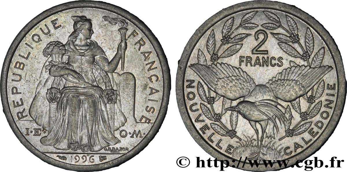 NOUVELLE CALÉDONIE 2 Francs I.E.O.M. représentation allégorique de Minerve / Kagu, oiseau de Nouvelle-Calédonie 1996 Paris SUP 