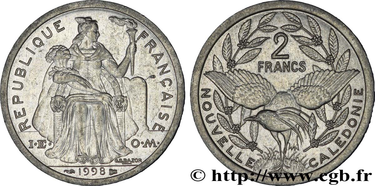 NUEVA CALEDONIA 2 Francs I.E.O.M. représentation allégorique de Minerve / Kagu, oiseau de Nouvelle-Calédonie 1998 Paris EBC 