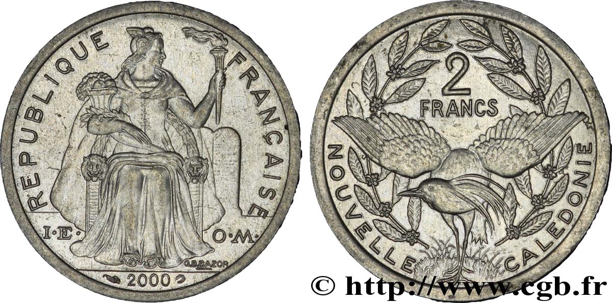 NEW CALEDONIA 2 Francs I.E.O.M. représentation allégorique de Minerve / Kagu, oiseau de Nouvelle-Calédonie 2000 Paris AU 