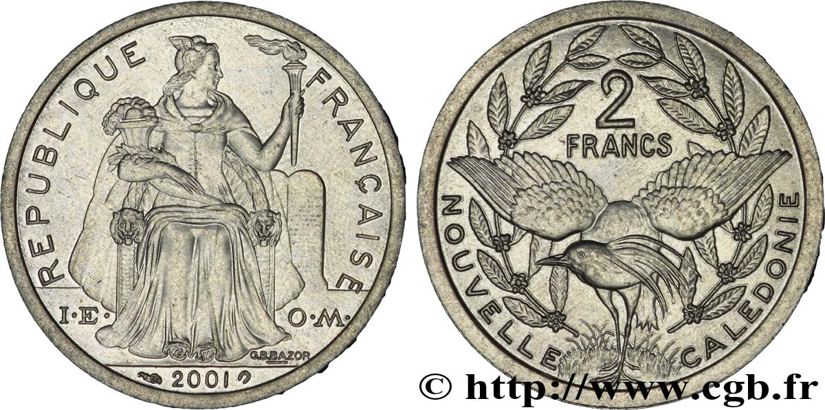 NOUVELLE CALÉDONIE 2 Francs I.E.O.M. représentation allégorique de Minerve / Kagu, oiseau de Nouvelle-Calédonie 2001 Paris SUP 