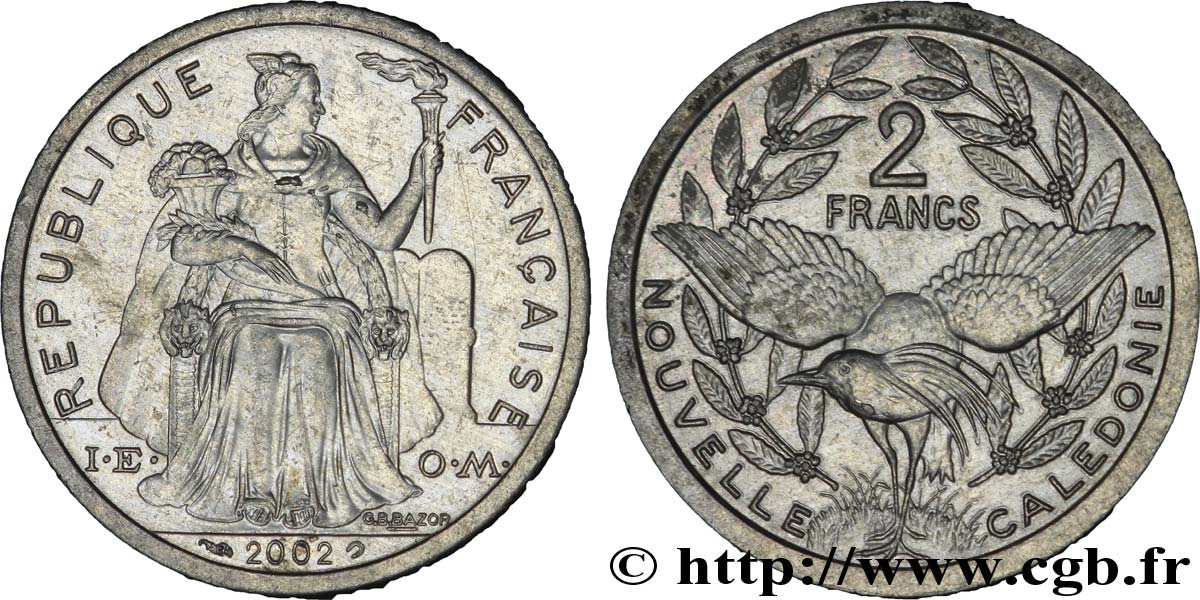 NOUVELLE CALÉDONIE 2 Francs I.E.O.M. représentation allégorique de Minerve / Kagu, oiseau de Nouvelle-Calédonie 2002 Paris SUP 