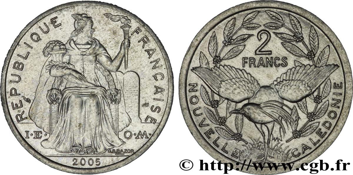 NEUKALEDONIEN 2 Francs I.E.O.M. représentation allégorique de Minerve / Kagu, oiseau de Nouvelle-Calédonie 2005 Paris fST 