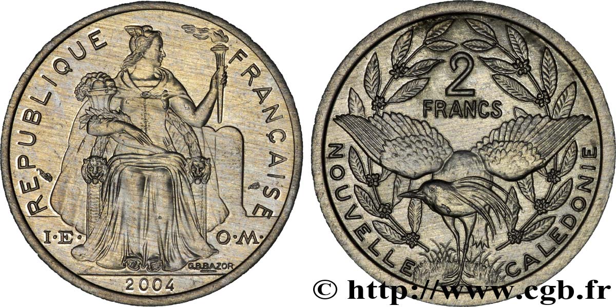 NEW CALEDONIA 2 Francs I.E.O.M. représentation allégorique de Minerve / Kagu, oiseau de Nouvelle-Calédonie 2004 Paris MS 