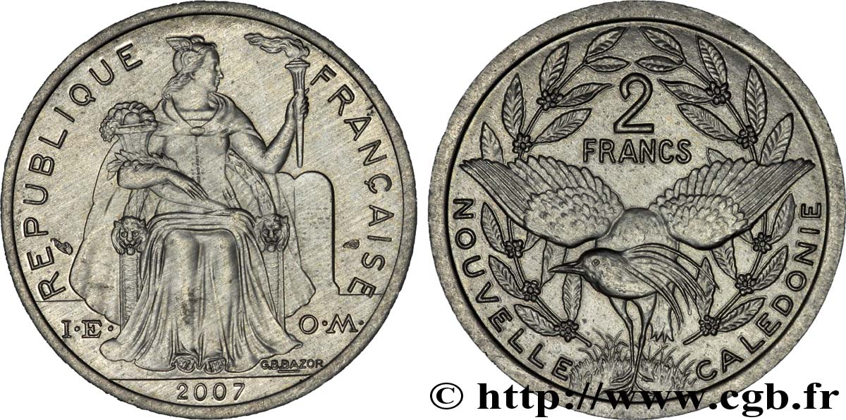 NUEVA CALEDONIA 2 Francs I.E.O.M. représentation allégorique de Minerve / Kagu, oiseau de Nouvelle-Calédonie 2007 Paris SC 