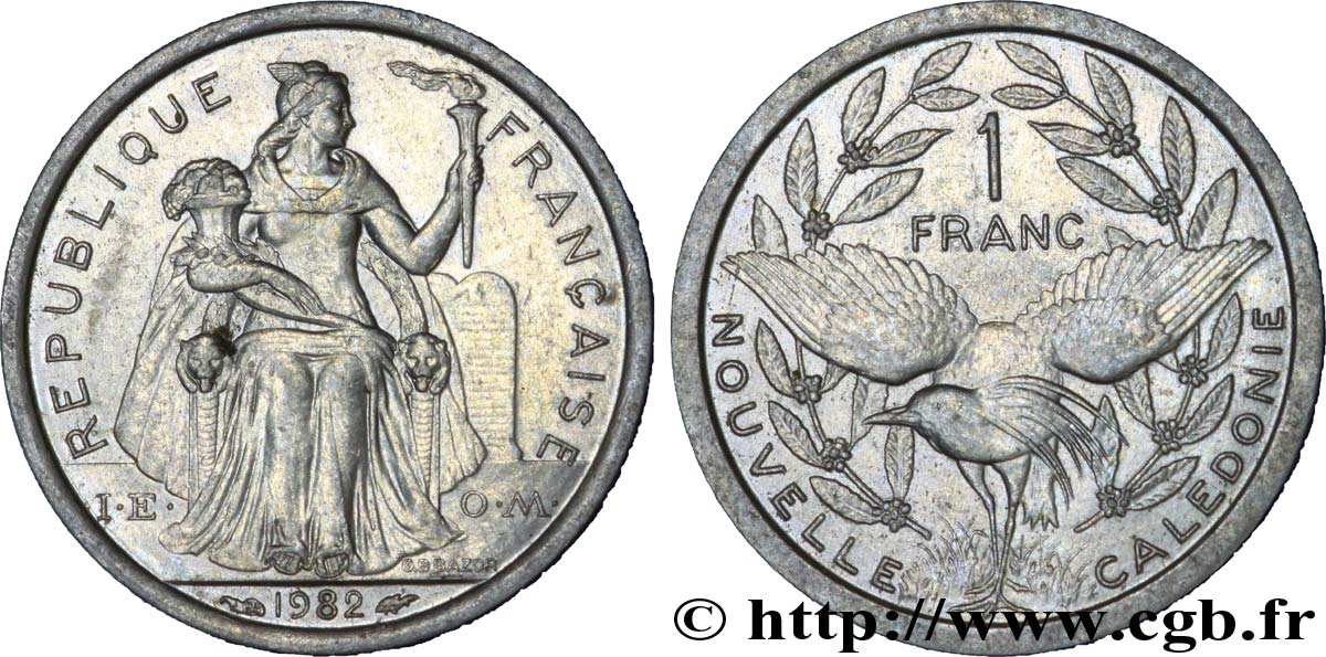 NEW CALEDONIA 1 Franc I.E.O.M. représentation allégorique de Minerve / Kagu, oiseau de Nouvelle-Calédonie 1982 Paris AU 