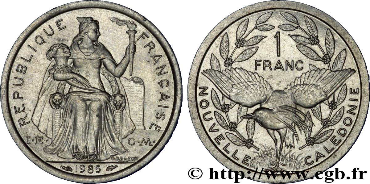 NUOVA CALEDONIA 1 Franc I.E.O.M. représentation allégorique de Minerve / Kagu, oiseau de Nouvelle-Calédonie 1985 Paris SPL 