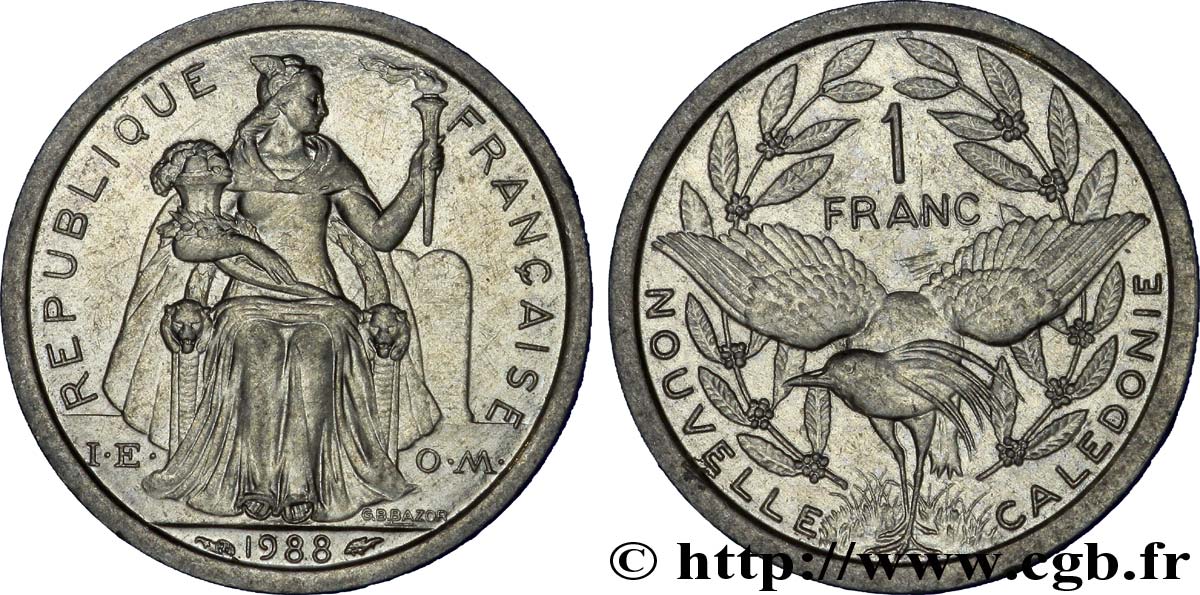 NUOVA CALEDONIA 1 Franc I.E.O.M. représentation allégorique de Minerve / Kagu, oiseau de Nouvelle-Calédonie 1988 Paris SPL 