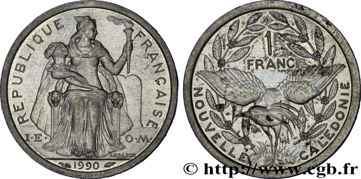 NUEVA CALEDONIA 1 Franc I.E.O.M. représentation allégorique de Minerve / Kagu, oiseau de Nouvelle-Calédonie 1990 Paris EBC 