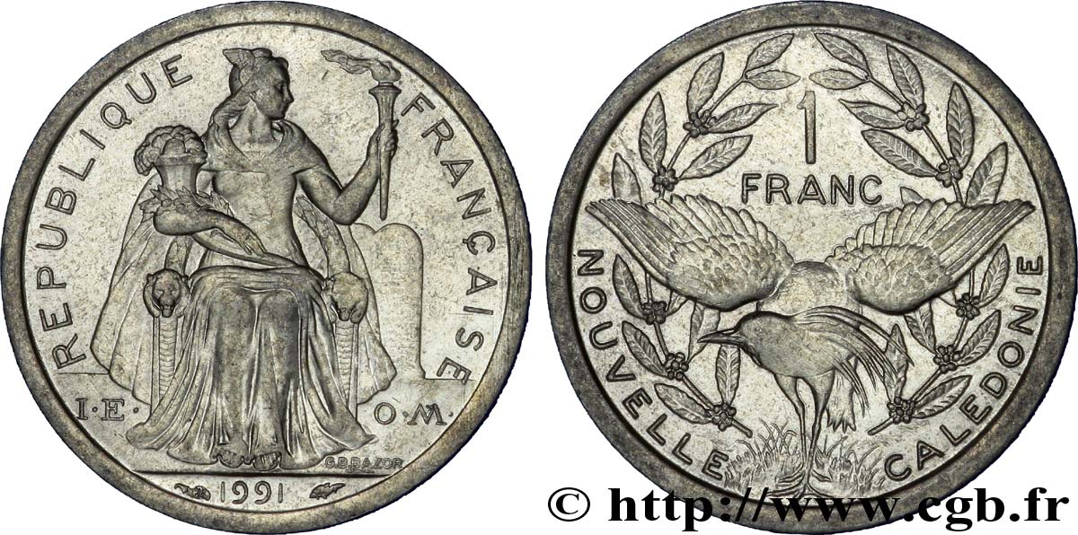 NEUKALEDONIEN 1 Franc I.E.O.M. représentation allégorique de Minerve / Kagu, oiseau de Nouvelle-Calédonie 1991 Paris VZ 