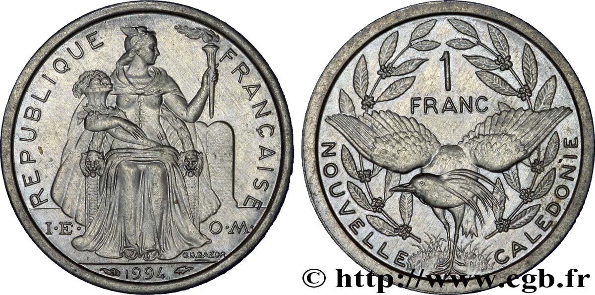 NOUVELLE CALÉDONIE 1 Franc I.E.O.M. représentation allégorique de Minerve / Kagu, oiseau de Nouvelle-Calédonie 1994 Paris SUP 