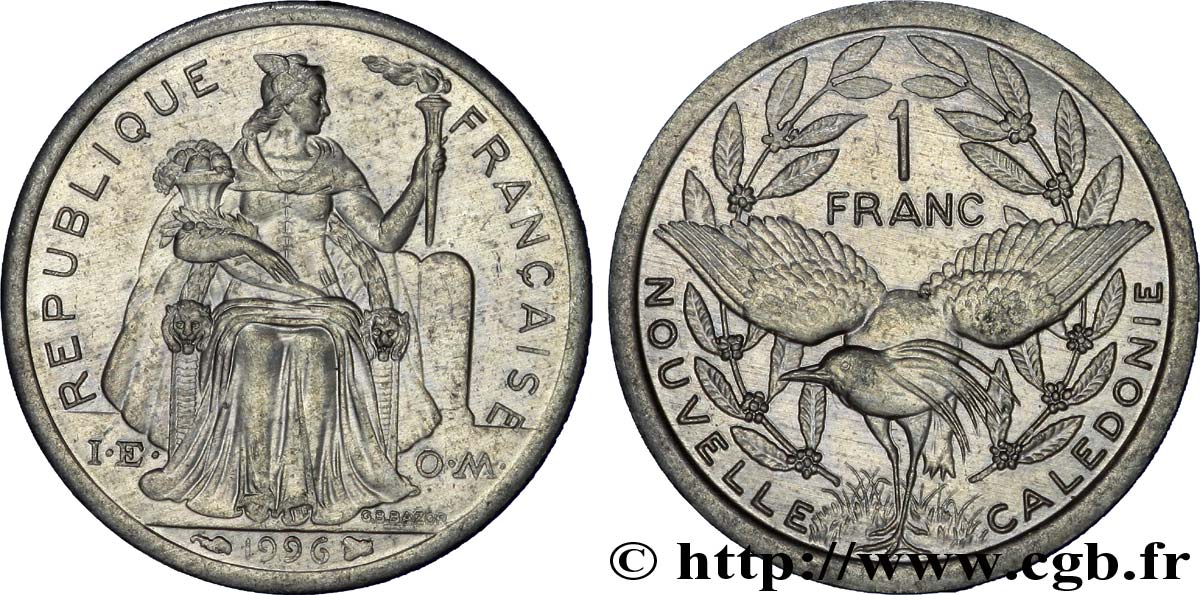 NOUVELLE CALÉDONIE 1 Franc I.E.O.M. représentation allégorique de Minerve / Kagu, oiseau de Nouvelle-Calédonie 1996 Paris SUP 