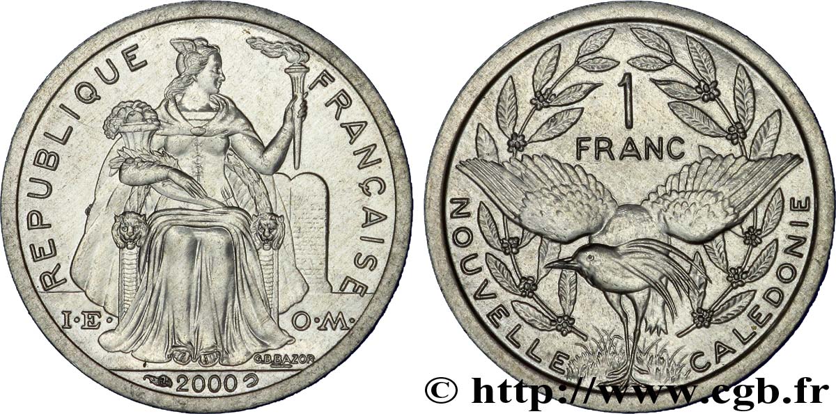 NUOVA CALEDONIA 1 Franc I.E.O.M. représentation allégorique de Minerve / Kagu, oiseau de Nouvelle-Calédonie 2000 Paris MS 