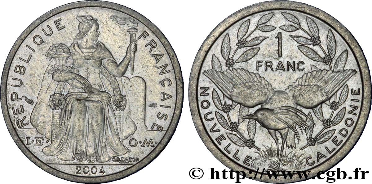 NUOVA CALEDONIA 1 Franc I.E.O.M. représentation allégorique de Minerve / Kagu, oiseau de Nouvelle-Calédonie 2004 Paris SPL 
