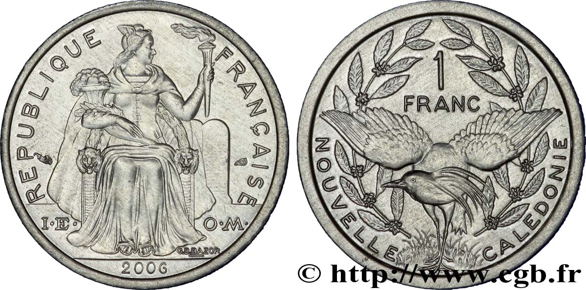 NOUVELLE CALÉDONIE 1 Franc I.E.O.M. représentation allégorique de Minerve / Kagu, oiseau de Nouvelle-Calédonie 2006 Paris SPL 