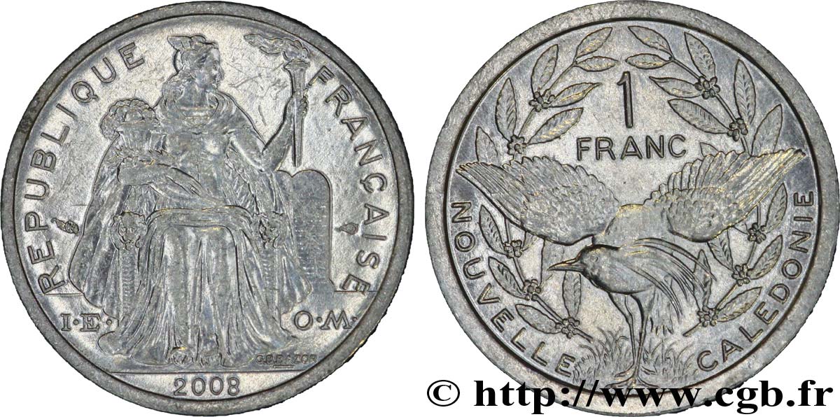 NUEVA CALEDONIA 1 Franc I.E.O.M. représentation allégorique de Minerve / Kagu, oiseau de Nouvelle-Calédonie 2008 Paris EBC 