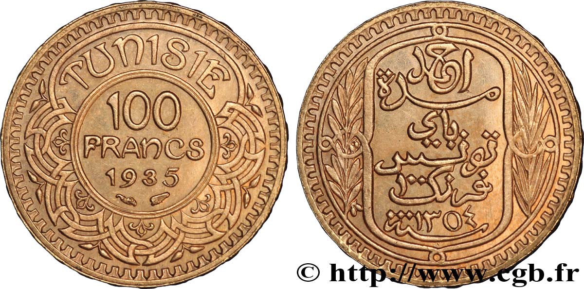 TUNISIA - French protectorate 100 Francs or frappée au nom du Bey Ahmed 1935 Paris AU53 