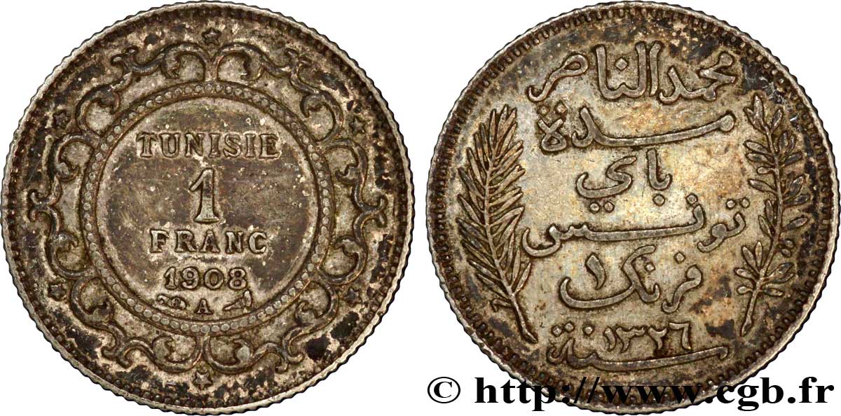 TUNISIA - FRENCH PROTECTORATE 1 Franc AH1326 1908 Paris AU 