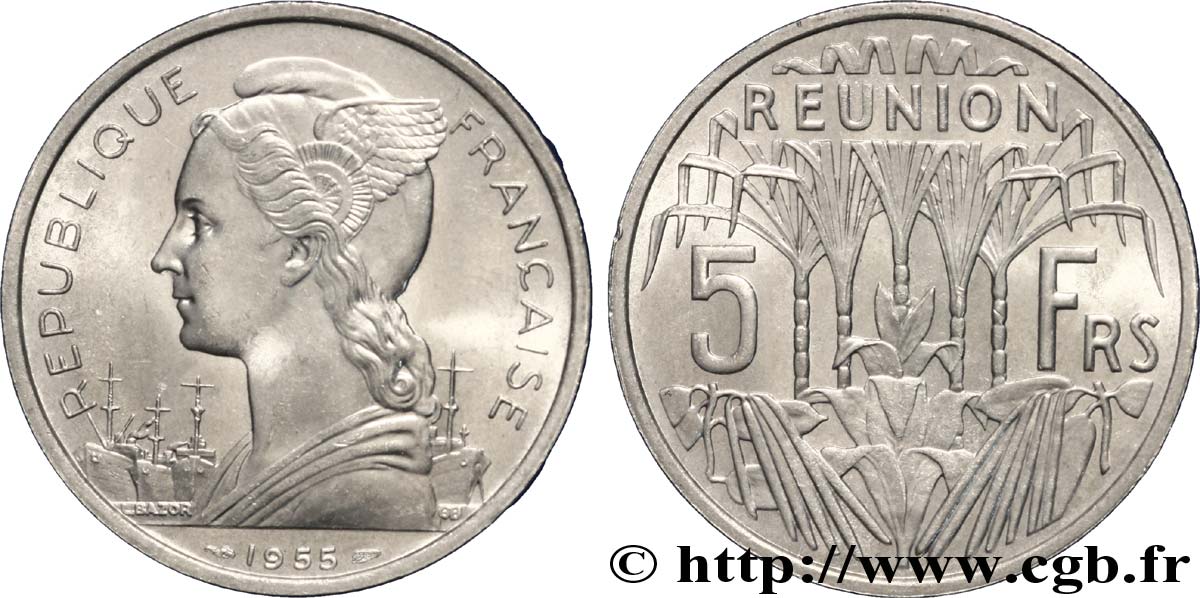 REUNION INSEL 5 Francs Marianne / canne à sucre 1955 Paris fST 