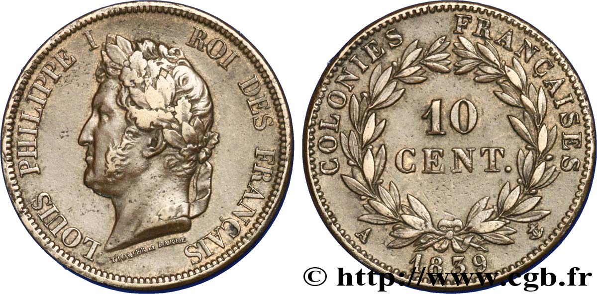 COLONIAS FRANCESAS - Louis-Philippe para Guadalupe 10 Centimes Louis Philippe Ier 1839 Paris - A MBC+ 