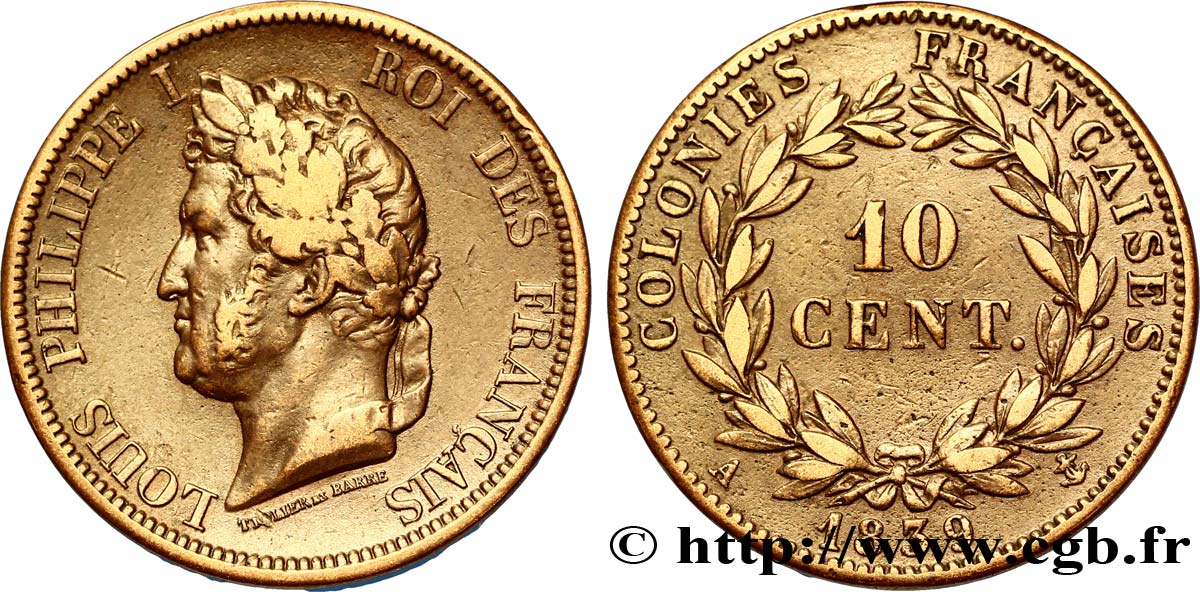 COLONIAS FRANCESAS - Louis-Philippe para Guadalupe 10 Centimes Louis Philippe Ier 1839 Paris - A MBC 