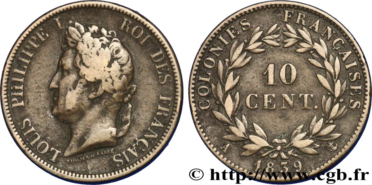 COLONIE FRANCESI - Luigi Filippo, per Guadalupa 10 Centimes Louis Philippe Ier 1839 Paris - A MB 