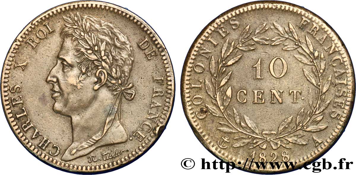 COLONIE FRANCESI - Carlo X, per Guyana 10 Centimes Charles X 1828 Paris - A q.SPL 