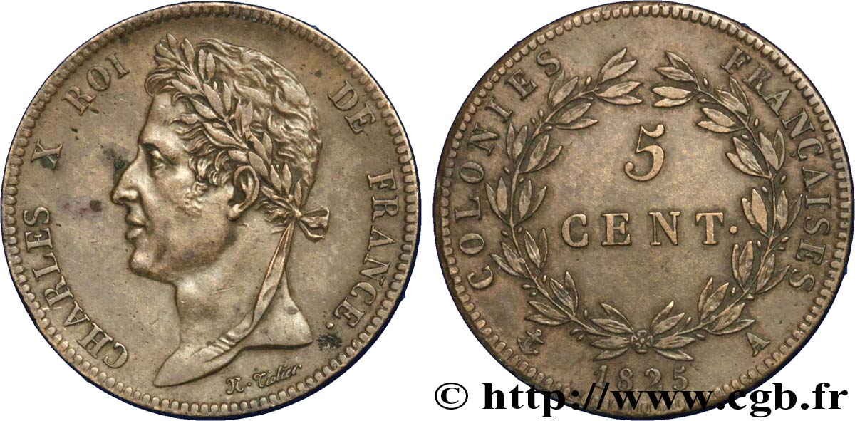 COLONIES FRANÇAISES - Charles X, pour la Guyane et le Sénégal 5 Centimes Charles X 1825 Paris - A TTB+ 