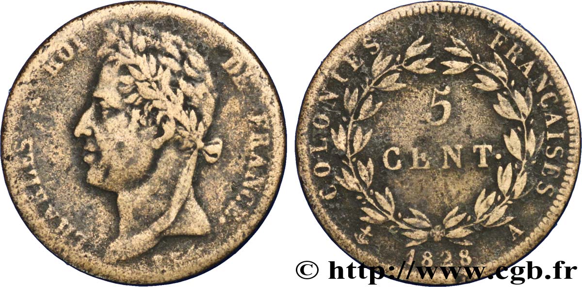 COLONIAS FRANCESAS - Charles X, para Guayana 5 Centimes Charles X 1828 Paris - A BC 