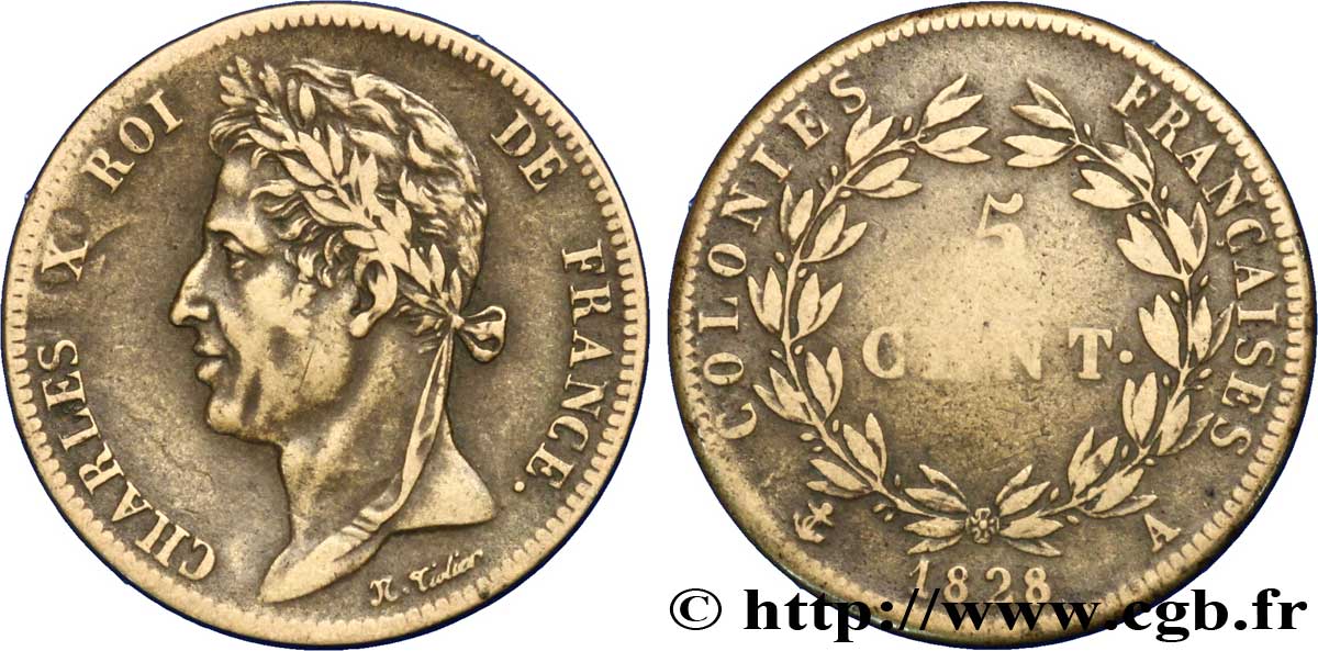 COLONIAS FRANCESAS - Charles X, para Guayana 5 Centimes Charles X 1828 Paris - A MBC 