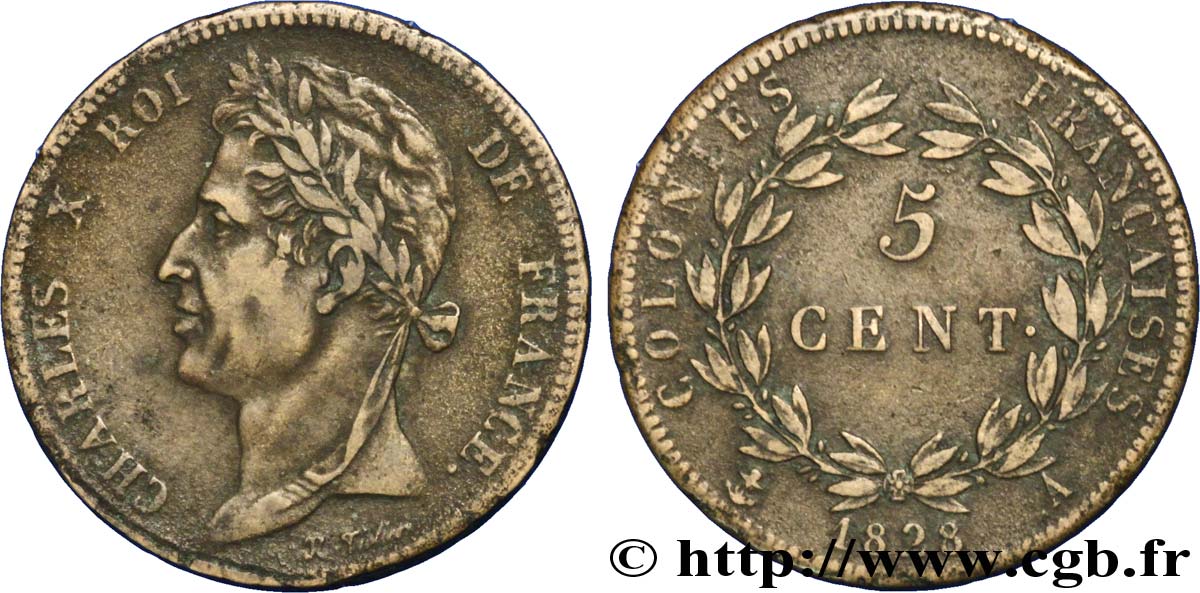 COLONIE FRANCESI - Carlo X, per Guyana e Senegal 5 Centimes Charles X 1828 Paris - A q.SPL 