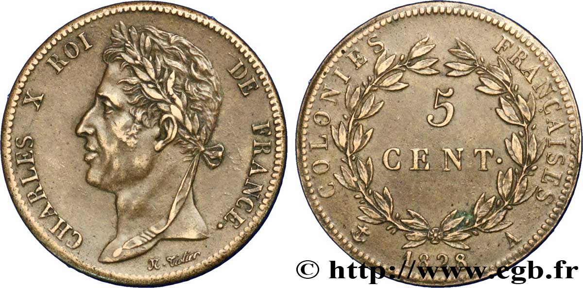 COLONIE FRANCESI - Carlo X, per Guyana 5 Centimes Charles X 1828 Paris - A SPL 