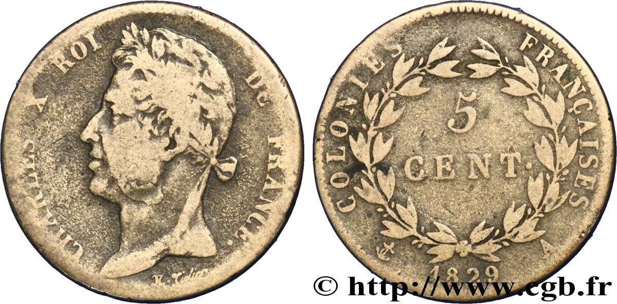 COLONIAS FRANCESAS - Charles X, para Guayana 5 Centimes Charles X 1829 Paris - A BC 