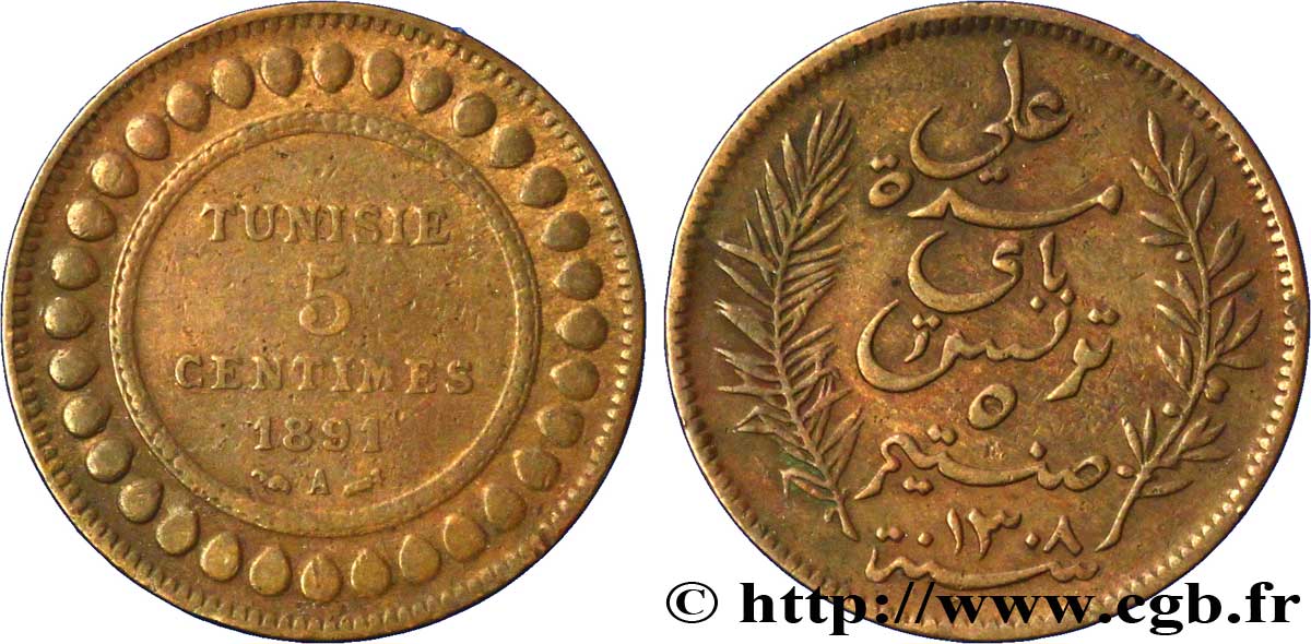 TUNISIE - PROTECTORAT FRANÇAIS 5 Centimes AH1308 1891  TB 