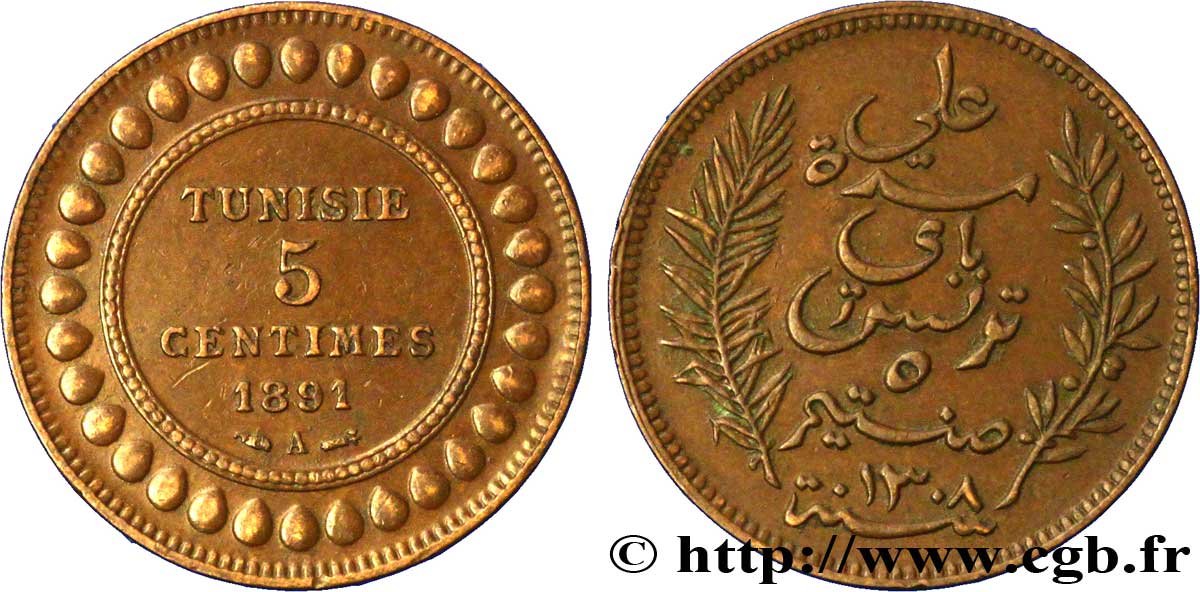 TUNEZ - Protectorado Frances 5 Centimes AH1308 1891  EBC 