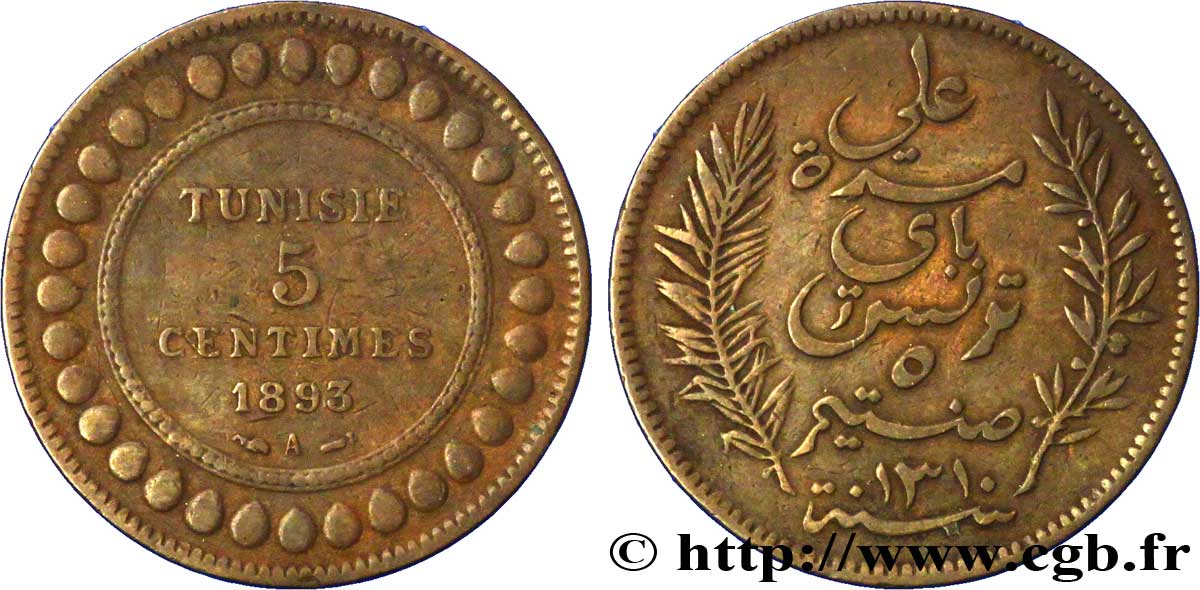 TUNEZ - Protectorado Frances 5 Centimes AH1310 1893 Paris MBC 