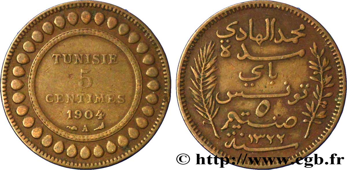TUNISIA - French protectorate 5 Centimes AH1322 1904 Paris VF 